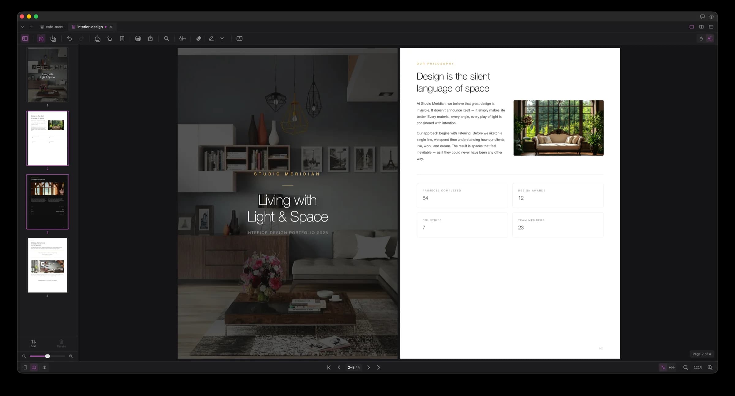 PDF Viewer with thumbnail sidebar and two-page layout